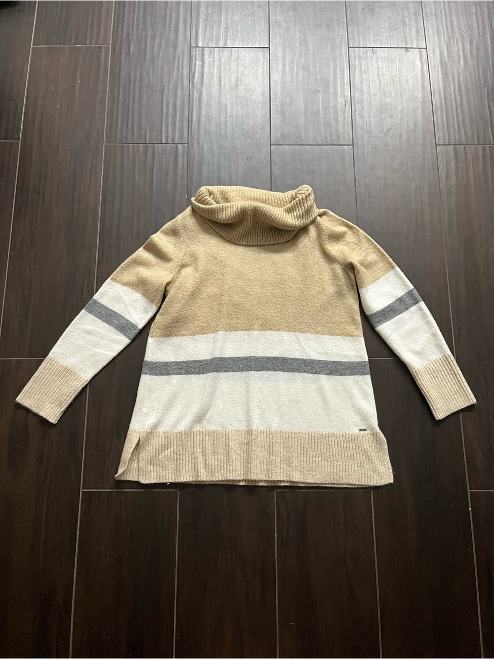 DKNY Striped Turtleneck Sweater in Beige, White & Gray